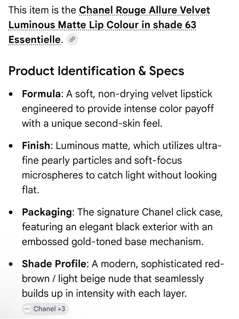 CHANEL Rouge Allure Velvet Luminous Matte Lip Colour Shade 63 - Essentielle